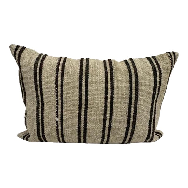 Turkish Hemp Pillow Cushion Natural Beige Black Pillow Cushion Cover 16" x 24" For Sale