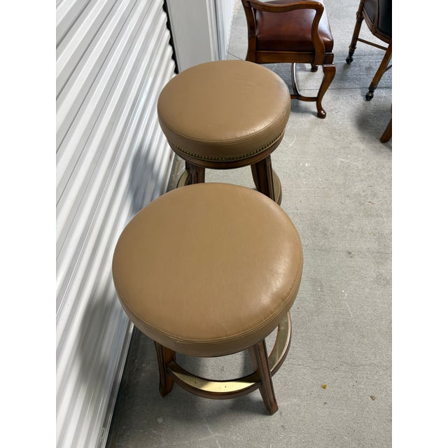 Pair of Swivel Bar Stools With Beige Leather Seats by Mikhail Darafeev, 20th Century For Sale - Image 4 of 6
