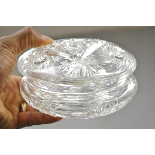Vintage Art Deco Bohemian Cut Crystal Glass Czech Ladies Vanity Powder Jar. Circa Early 20th Century. Measurements: 3" H x...