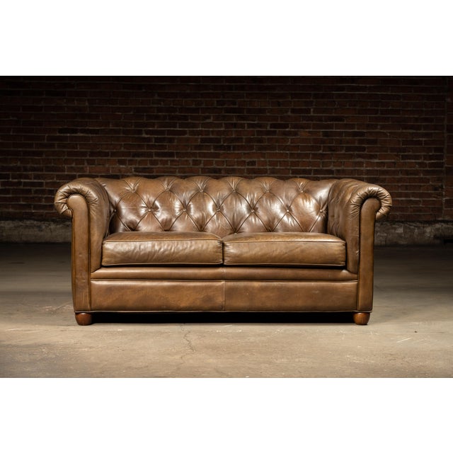 Traditional Vintage Chesterfield Tufted Leather Sofa With Cushions in Brown For Sale - Image 3 of 10