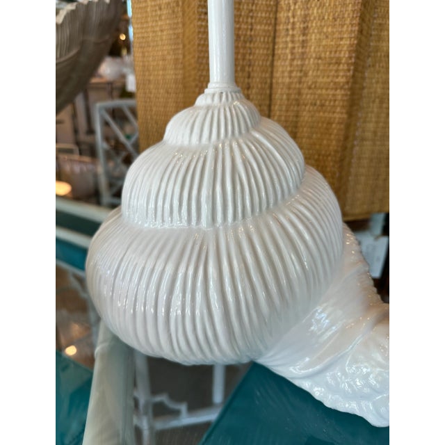 Vintage White Italian Ceramic Snail Palm Beach Table Lamps Newly Wired -A Pair For Sale - Image 9 of 13