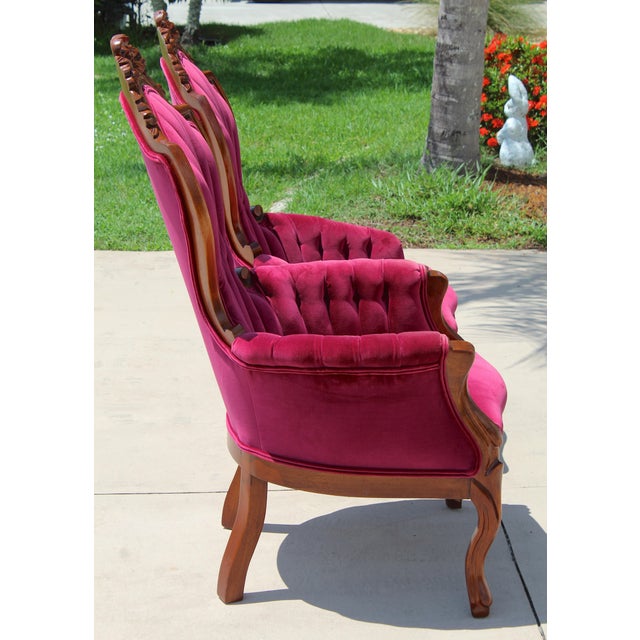 Vintage Victorian Revival Mahogany His & Hers Parlor Chairs Red Velvet Pair For Sale - Image 17 of 18