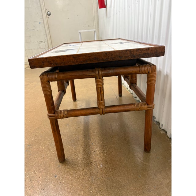 Mid-Century Modern Vintage Rattan Attributed to Ficks Reed Far Horizons Collection End Table W/Tile Top by John Wisner For Sale - Image 3 of 6