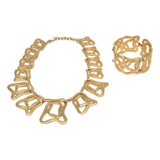 Vintage Gold Plated Sculptural Abstract Collar Necklace and Cuff Bracelet Set, Pair Of For Sale