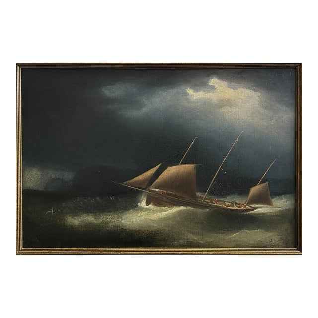 Antique 19th C. English Nocturne Stormy Seascape With Boat, Framed/Nautical For Sale