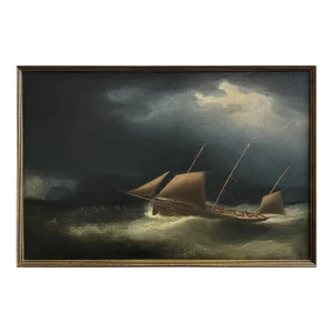 Antique 19th C. English Nocturne Stormy Seascape With Boat, Framed/Nautical