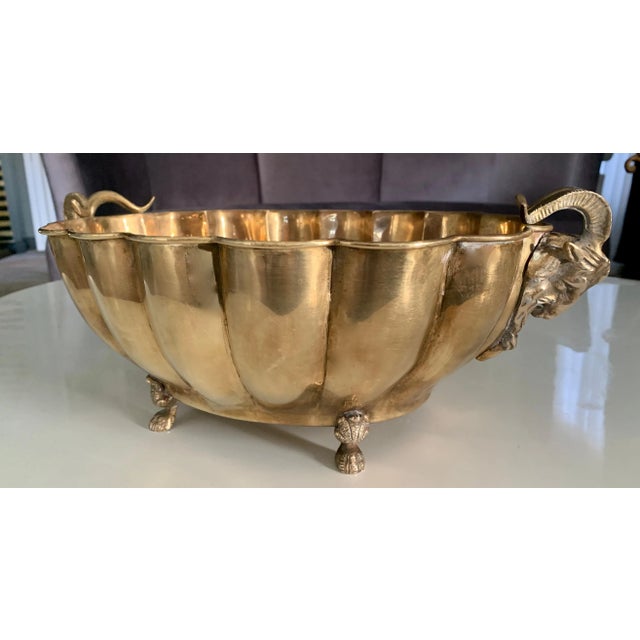 Mid-Century Modern Brass Jardinière with Rams Head Handles and Paw Feet For Sale - Image 3 of 10