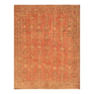 1900s Orange Salmon Geometric Antique Decorative Turkish Oushak Rug 17' X 19'8" Handknotted Wool Carpet For Sale