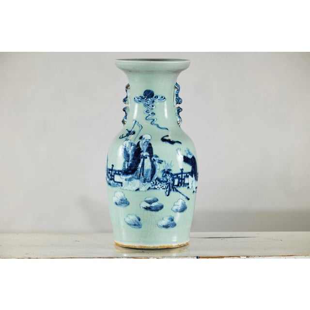 Chinese Blue and White Porcelain Altar Vase with Immortal Figures and Celadon Tint For Sale - Image 9 of 12