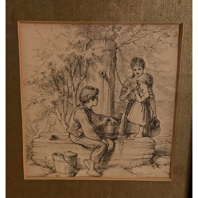 Wood Set of 3 Framed Ink Drawings in the Style of Kate Greenaway For Sale - Image 7 of 10