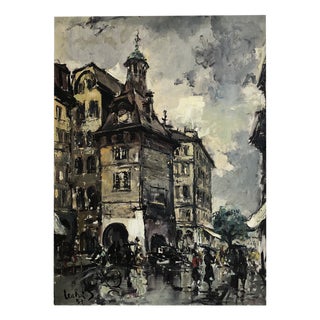 Sergio Cecchi, La place du Molard animée, 1953, Oil on Canvas, Framed For Sale