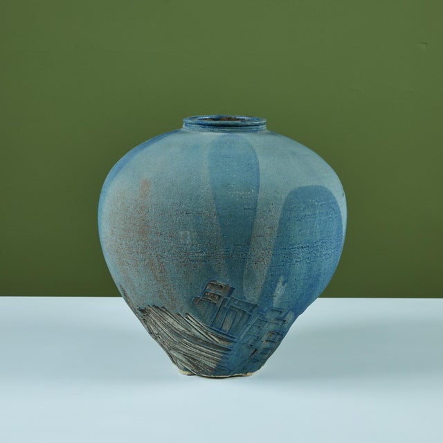 Elizabeth Woolrych Tapered Blue Glazed Vase For Sale In Los Angeles - Image 6 of 11