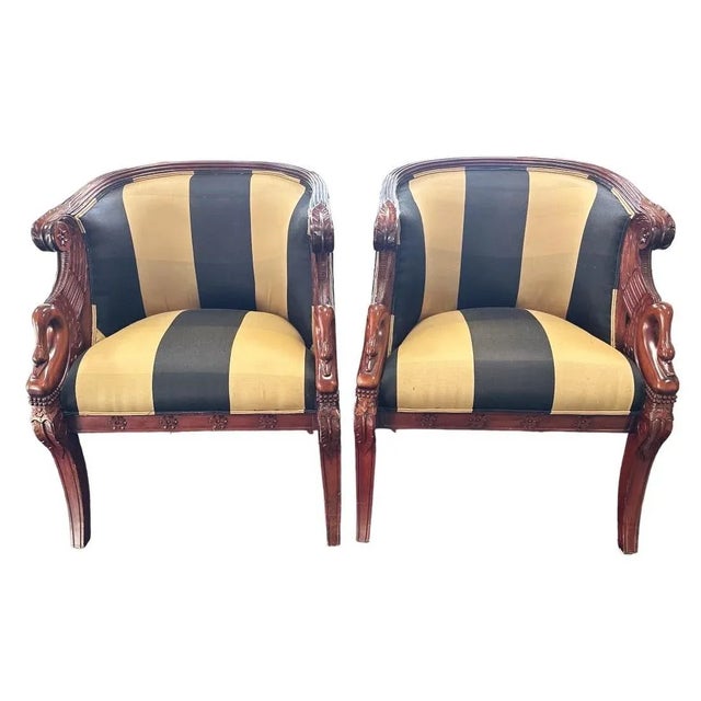 Mid 20th Century English Regency Mahogany Bergeres With Swan Head Carving and New Upholstery - a Pair For Sale - Image 5 of 5