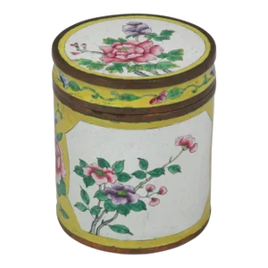 Vintage Chinese Hand Painted Brass and Enamel Cylindrical Box