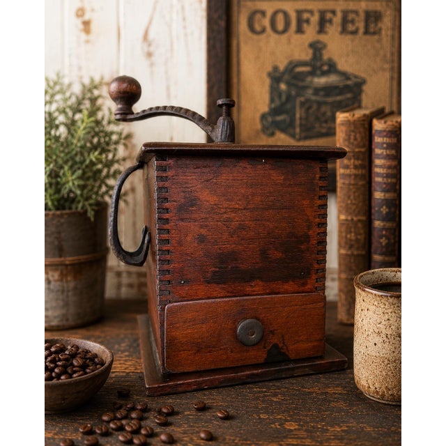 A striking antique primitive wooden box coffee grinder featuring hand-cut dovetail construction, a forged iron crank...