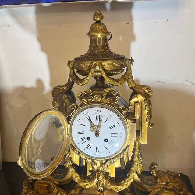 French Large Louis XV XVI Empire-Style Rococo Ormolu Gilt Bronze Mantel Clock For Sale - Image 3 of 12