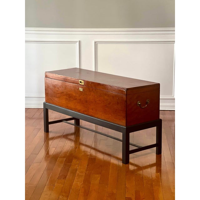 Campaign Early 20th Century Large English Walnut Storage Chest Trunk on Stand For Sale - Image 3 of 12