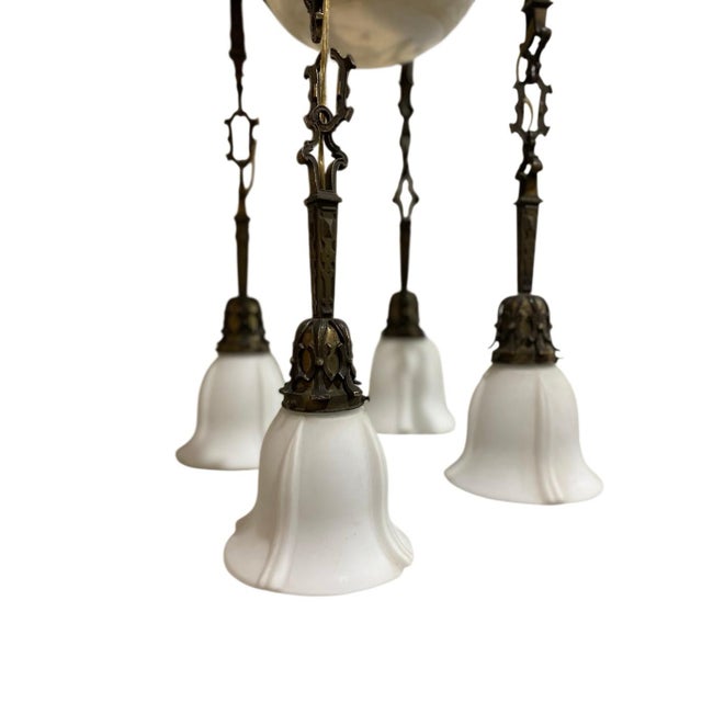 Art Nouveau Antique Art Nouveau Patinated Brass & Opal Glass 5-Light Chandelier For Sale - Image 3 of 12
