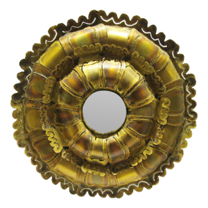MCM Brutalist Torch Cut Brass Tom Greene Style Convex Round Wall Mirror C 1970s
