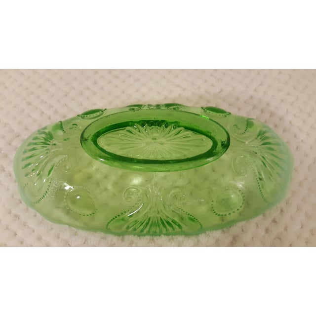 Victorian Jefferson Glass Green Opalescent Jewel And Fan Banana Boat For Sale - Image 3 of 5