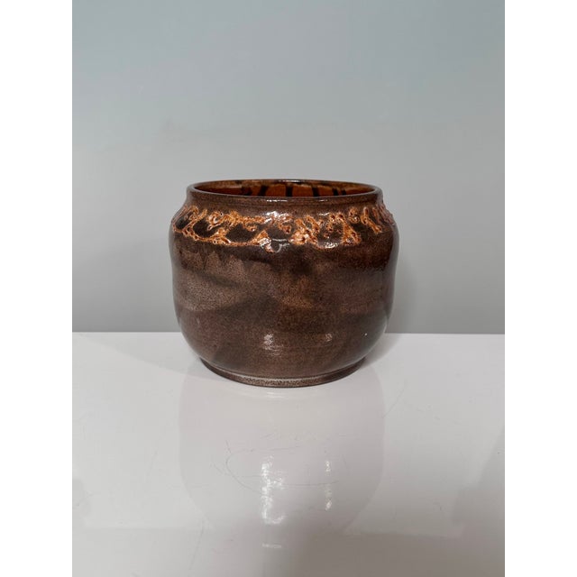 Rustic Hand-Thrown Ceramic Art Planter with Organic Line Rim Decoration by Helma Klett, Germany, 1970s For Sale - Image 3 of 15