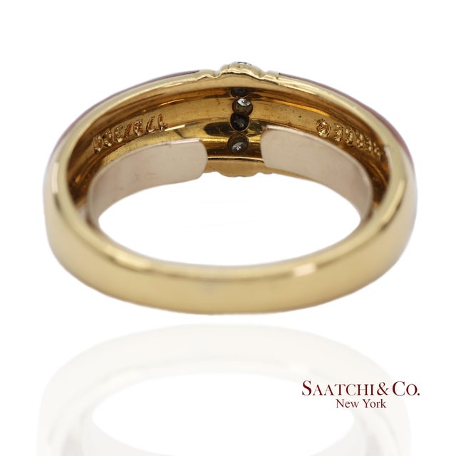 Vintage Faberge 18k (750) Solid Yellow Gold Red Enamel Diamond Ring, Size 7.5 For Sale In New York - Image 6 of 12