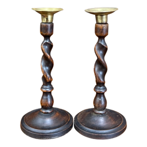 Antique English Barley Twist Candlesticks Candle Holders Oak Pair 8.75" Petite