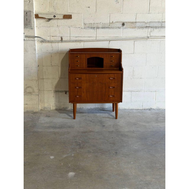 Teak Brown Vanity Desk Secretary Bureau Combo Storage Cabinet Denmark 1960s For Sale - Image 9 of 10