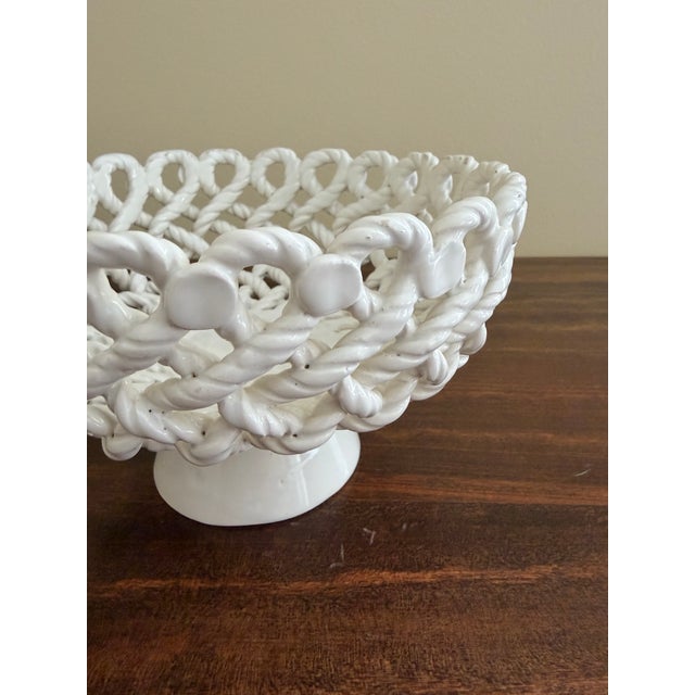 1960s French Country White Ceramic Woven Rope Cachepot Basket or Fruit Bowl For Sale - Image 5 of 8