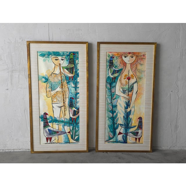 Mid-Century Modern Pair of Whimsical European Mid Century Watercolor Paintings For Sale - Image 3 of 14