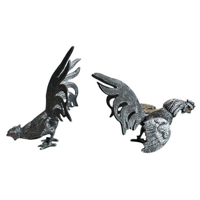Mid 20th Century Iberian Silvered Brass Fighting Cockerels For Sale - Image 4 of 13
