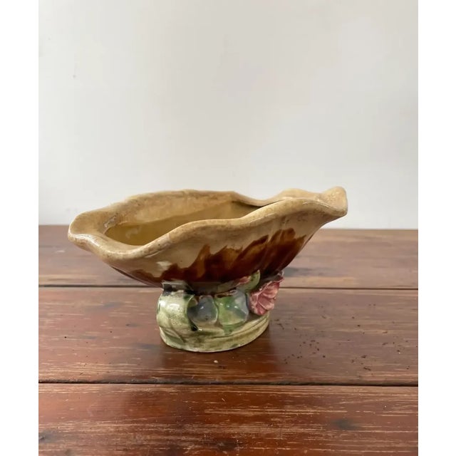 Japanese Vintage Majolica Seashell Pedestal Bowl With Floral Designed Base For Sale - Image 3 of 10