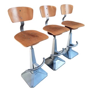 Mid-Century Modern Industrial Swivel Workshop Chairs in Wood and Metal, 1970s, Set of 3 For Sale