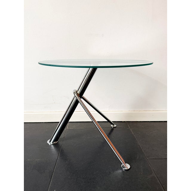 Vintage Modern Minimalist Round Glass Side Table with Sculptural Chrome Base, 1990s For Sale - Image 10 of 15