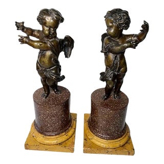 Italian Putti Bronzes on Marble Column Plinths - a Pair For Sale