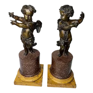 Italian Putti Bronzes on Marble Column Plinths - a Pair