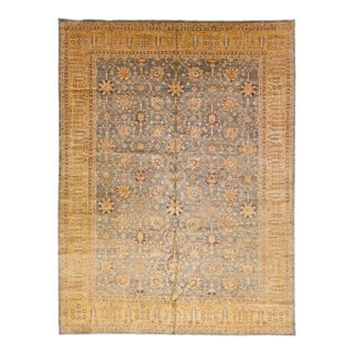 Early 21st Century Blue Modern Peshawar Handmade Wool Rug With Palmettes Motif For Sale