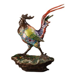 Vintage Cloisonné Enamel Bronze Rooster Sculpture, Colorful Cockerel Statue on Bronze Base For Sale