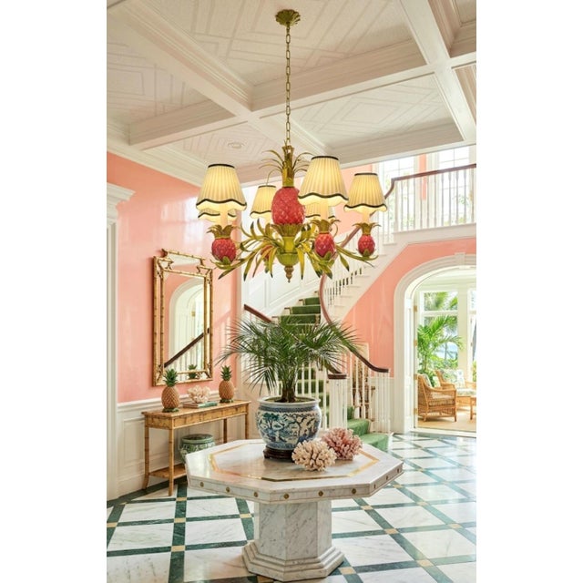 Vintage Custom Hand Painted Palm Beach Regency Pink Green Pineapple 6 Light Chandelier W/ Striped Shades For Sale In West Palm - Image 6 of 12