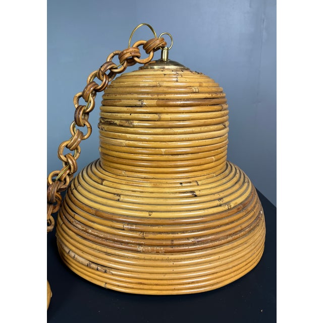 Mid-Century Italian Pencil Reed Rattan Bamboo and Brass Hanging Pendant Lamp, 1970s For Sale - Image 13 of 14