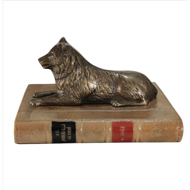 Vintage Sculpture ~ Bronze Wolf Lying on Top of a Book For Sale - Image 9 of 11