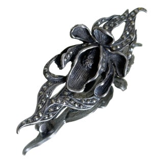 Vintage 1960s Marcasite Orchid Brooch Art Nouveau Revival Floral Statement Pin For Sale