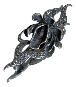 Vintage 1960s Marcasite Orchid Brooch Art Nouveau Revival Floral Statement Pin