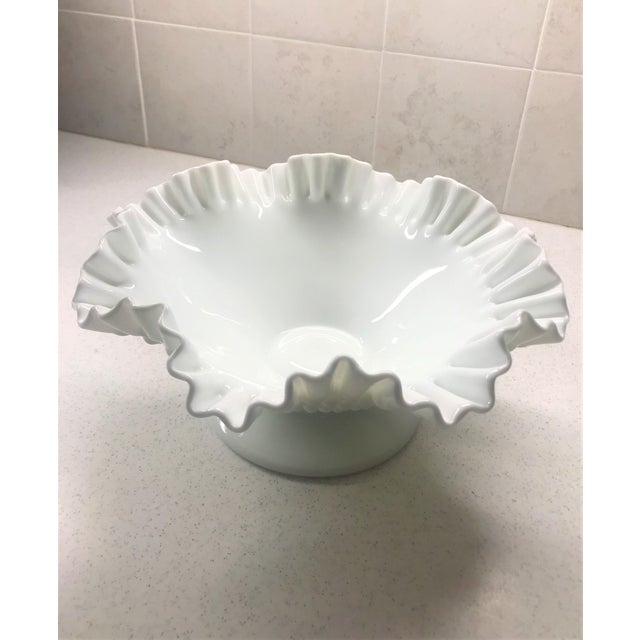 Vintage Fenton Signed Milk Glass White Hobnail Footed Ruffled Bowl