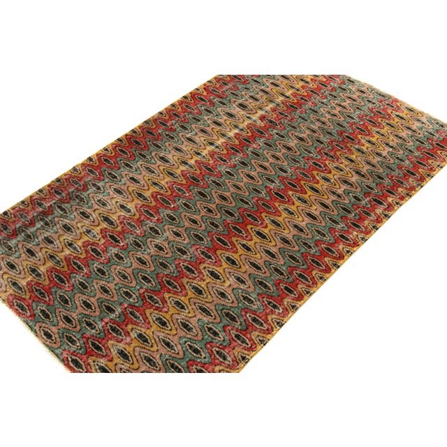 Mid-Century Modern 1960s Vintage Distressed Zeki Müren Rug in Red, Gold, Blue, Pink Retro Pattern For Sale - Image 3 of 6