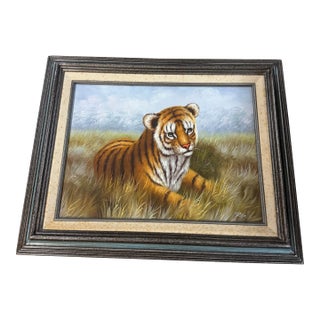 1990s Oil Painting of a Bengal Tiger Signed Rex 16" X 12”on Canvas Framed For Sale