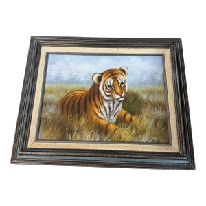 1990s Oil Painting of a Bengal Tiger Signed Rex 16" X 12”on Canvas Framed