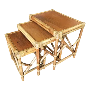 1950s Set of 3 Rattan Nesting Side Tables With Mahogany Top
