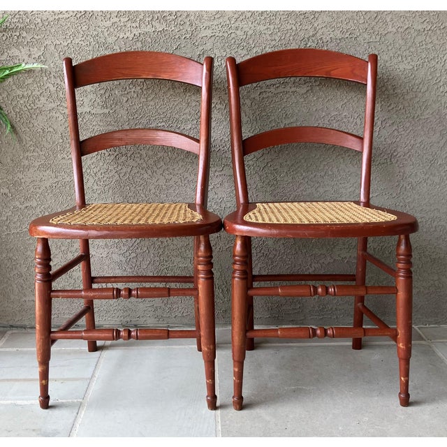 Circa 1920 Solid Oak Wood & Cane Seat Two-Rung Curved Ladderback Accent Chairs – A Pair For Sale - Image 15 of 18