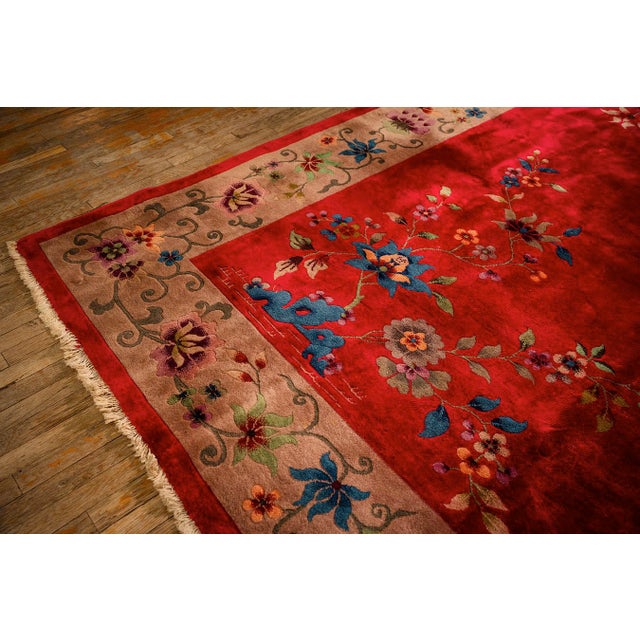 1920s Antique Red Scarlett Floral Haute Modern Knotted Wool Chinese Art Deco Rug For Sale In New York - Image 6 of 9